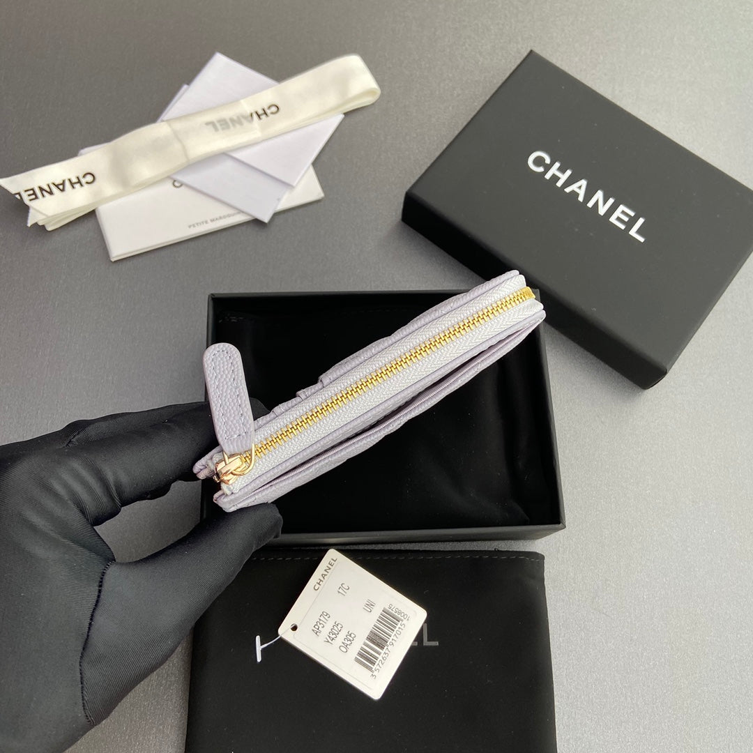 Chanel 2026 Quilted Card Holder 13cm Light Purple Grained Calfskin