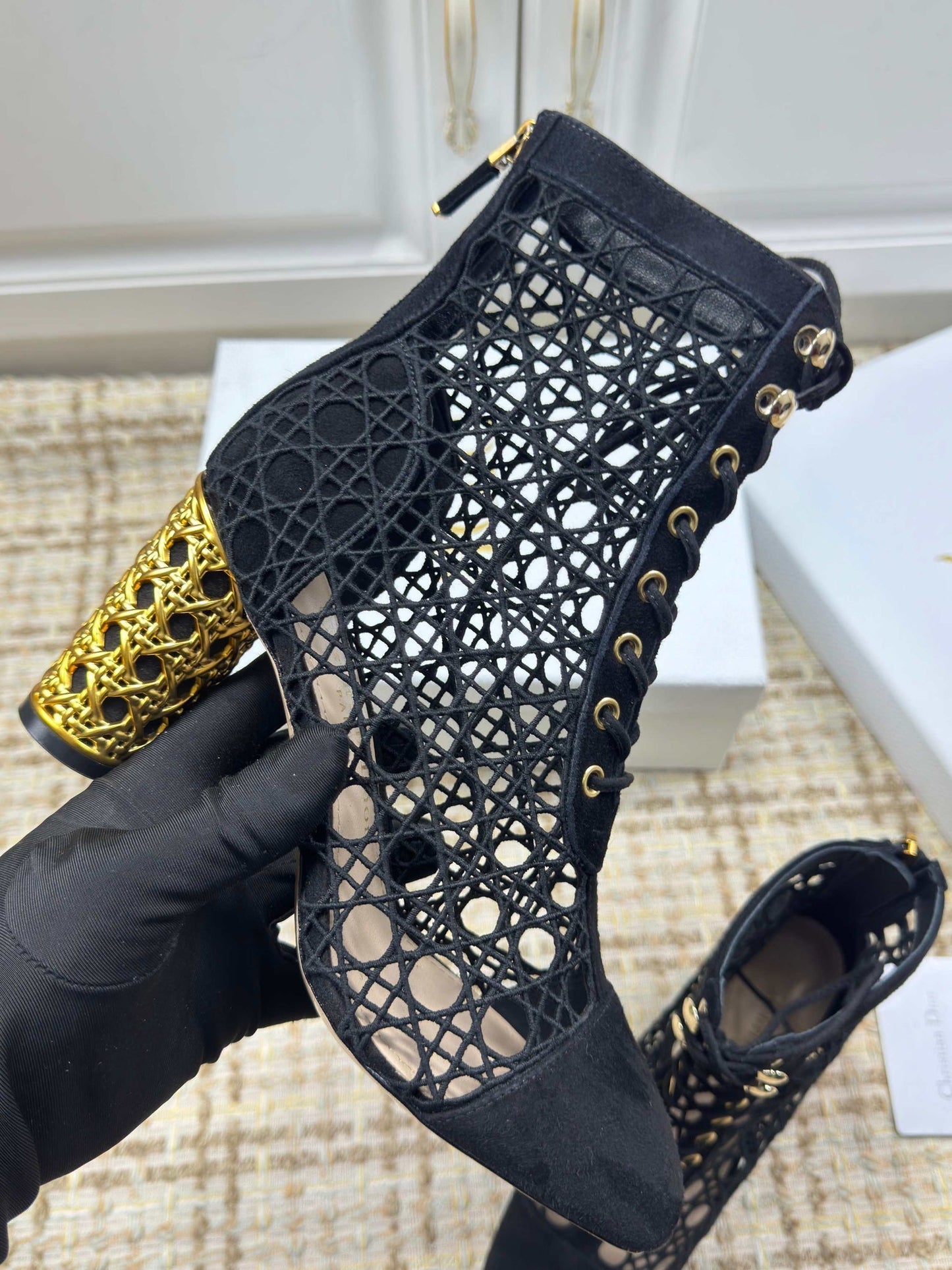 CD 26s Lace Up Ankle Boots 80mm In Black Openwork Lace Suede Gold Heel
