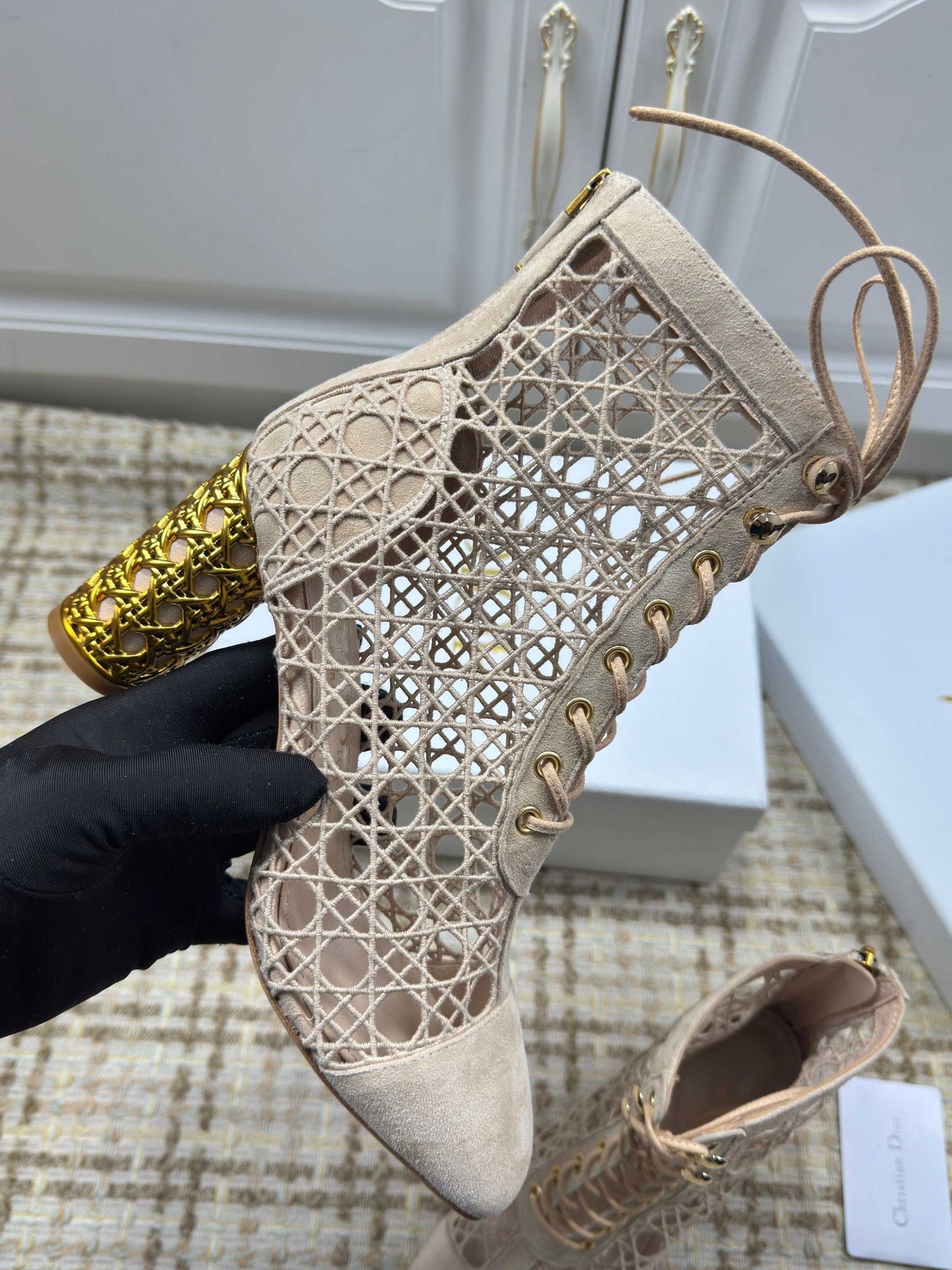 CD 26s Lace Up Ankle Boots 80mm In Beige Openwork Lace Suede Gold Heel