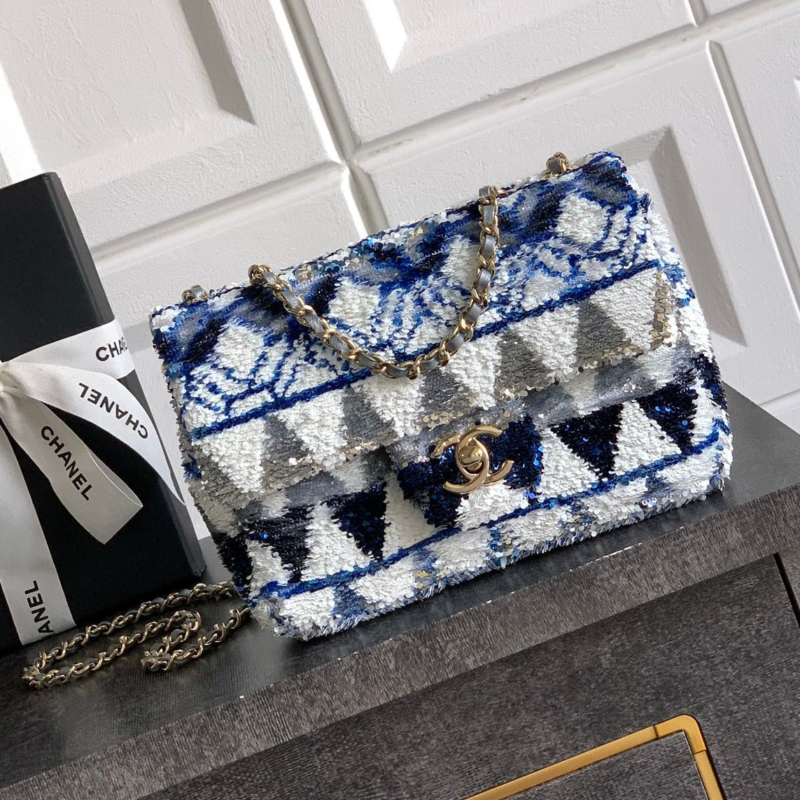 Chanel 2026 Flap Bag 20cm Blue mix Colors Sequin Leather