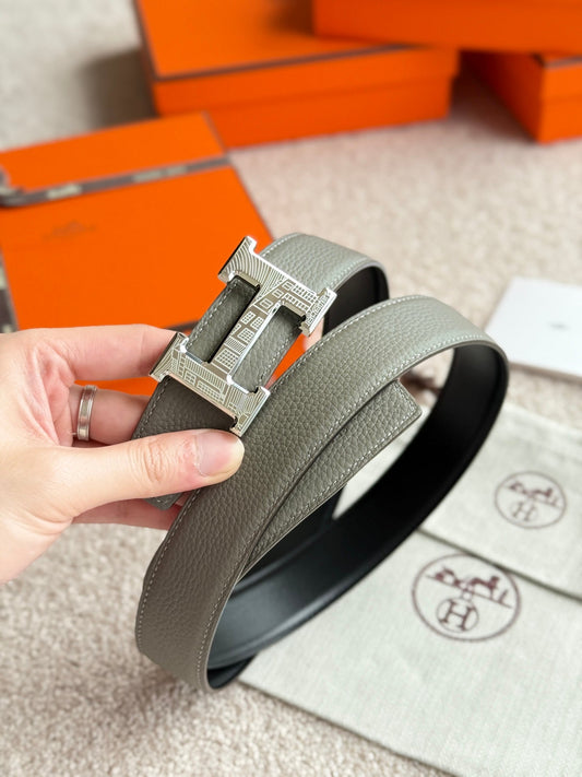 HM Silver H 5382 Faubourg Buckle Belt 32mm Gray Green Leather 187600