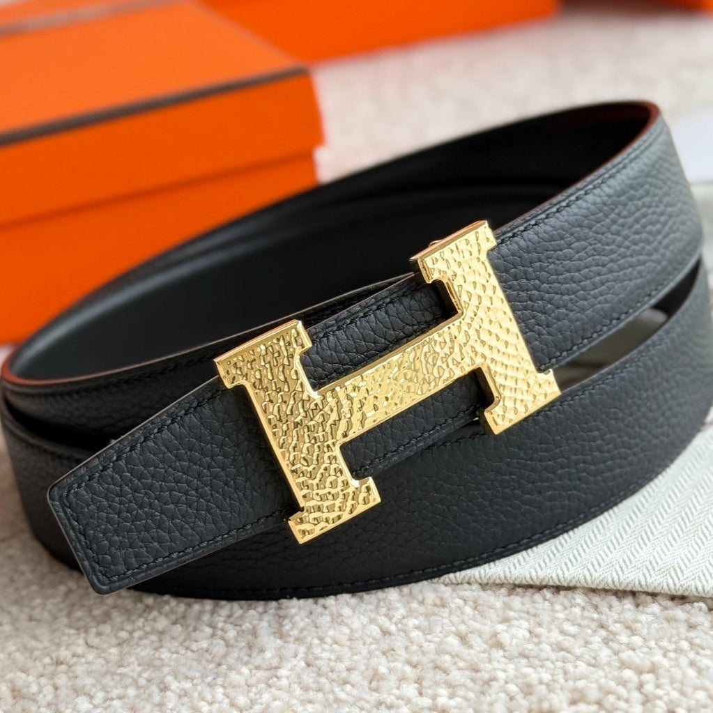HM Gold H Guillochee Buckle Belt 32mm Black Leather 187597