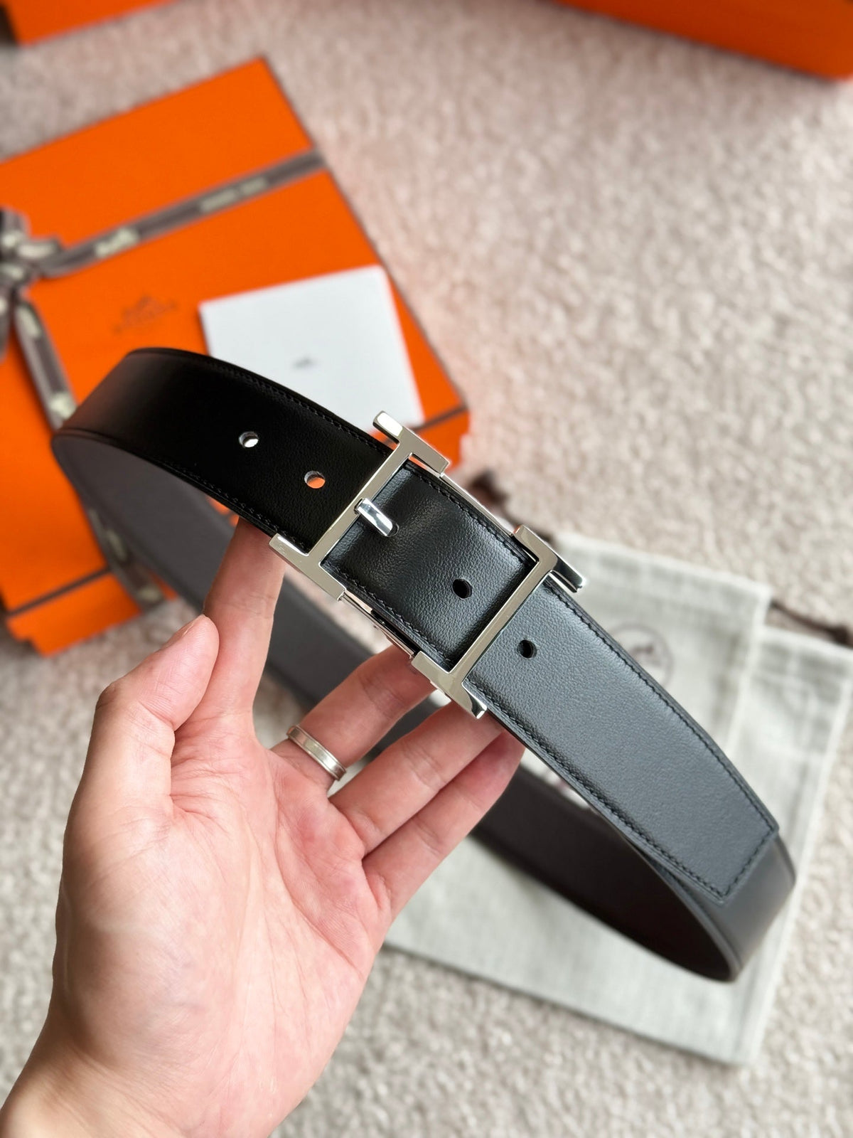 HM Silver Hadrien Reversible 38mm Belt Black Chocolate Leather 188079