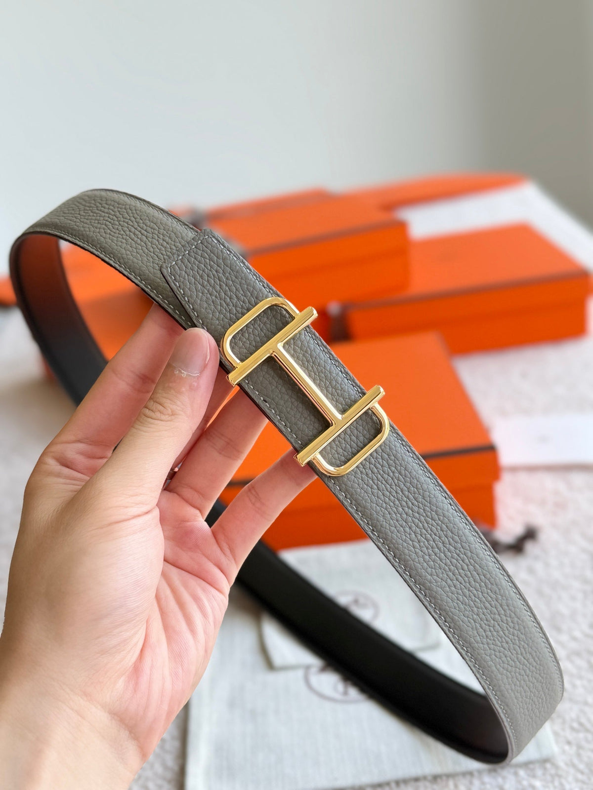 HM Gold Buckle 32mm Royal Belt Gray Brown Leather 188423