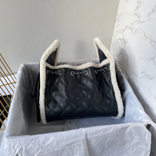CC 25C Hobo Bag 30cm Black White Lambskin Silver Hardware