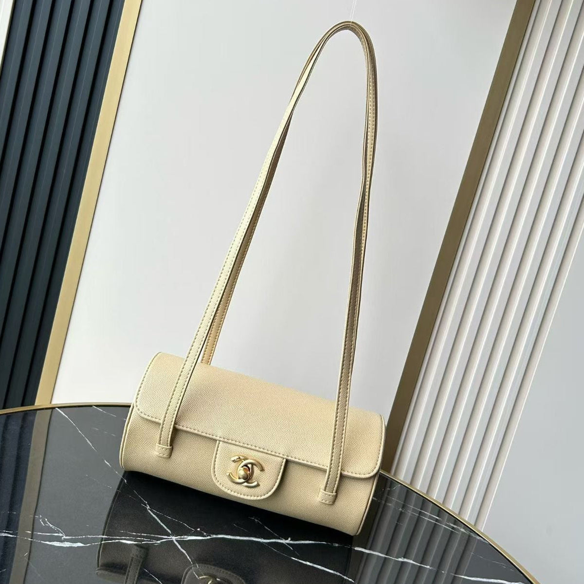 Chanel 2026 Bowling Ball Cylinder Bag 20.5cm Beige Caviar Leather 345493