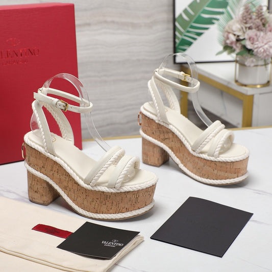 Valentino Garavani VLogo Summerblocks Wedge Sandals 115mm White Mix Brown Cowhide And Nylon Rope 821111