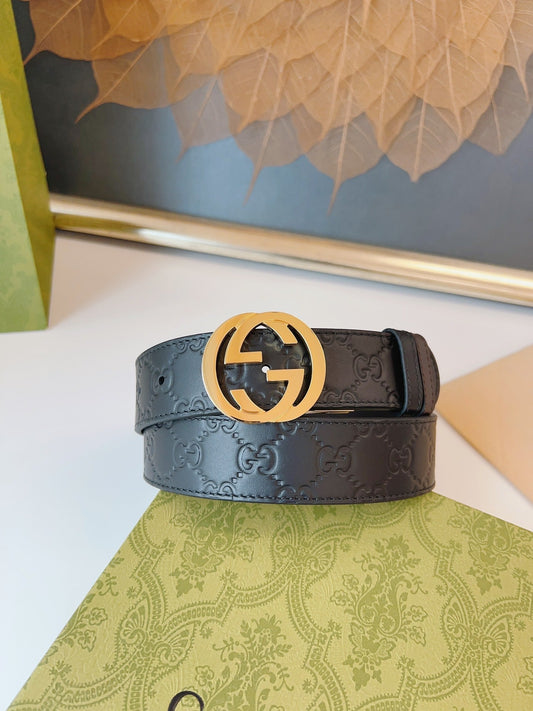Gucci Supreme Belt Gold Buckle 37mm Black Embossed Leather