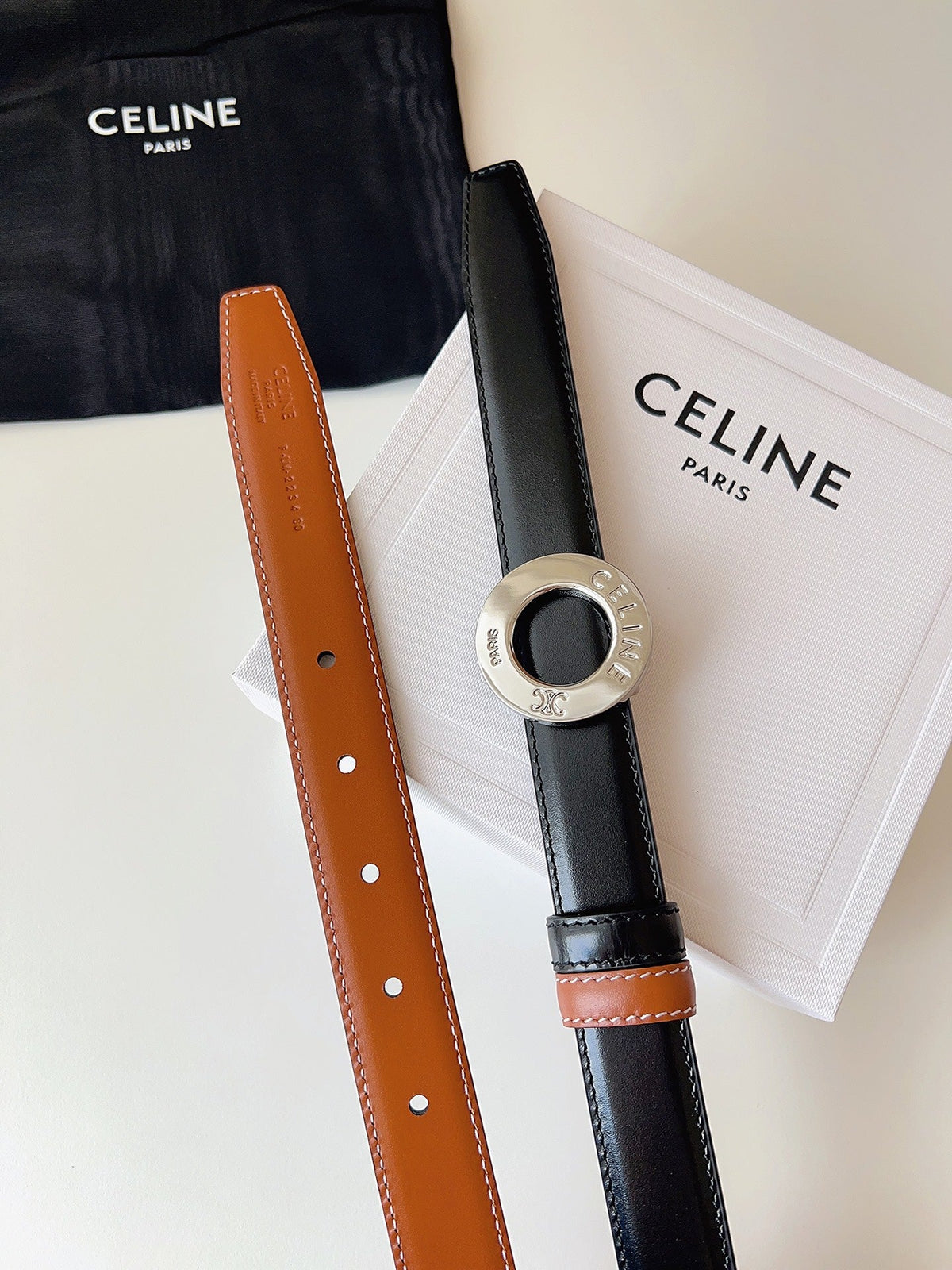 CELINE 26S BELT 25 MM IN BLACK AND BROWN CALFSKIN 636393
