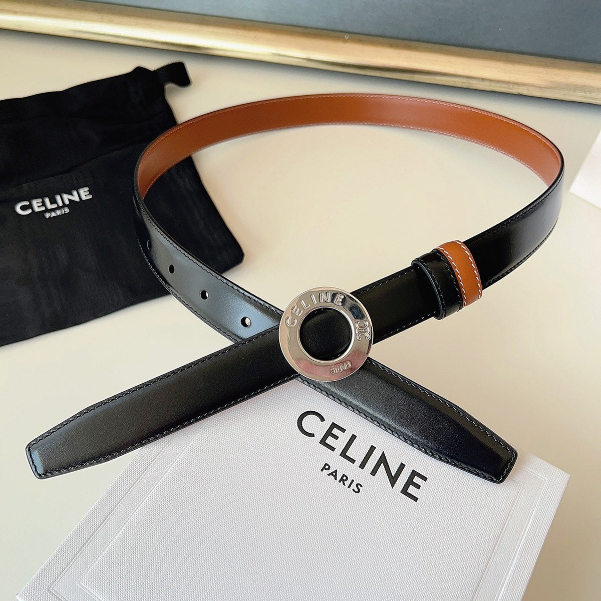 CELINE 26S BELT 25 MM IN BLACK AND BROWN CALFSKIN 636393