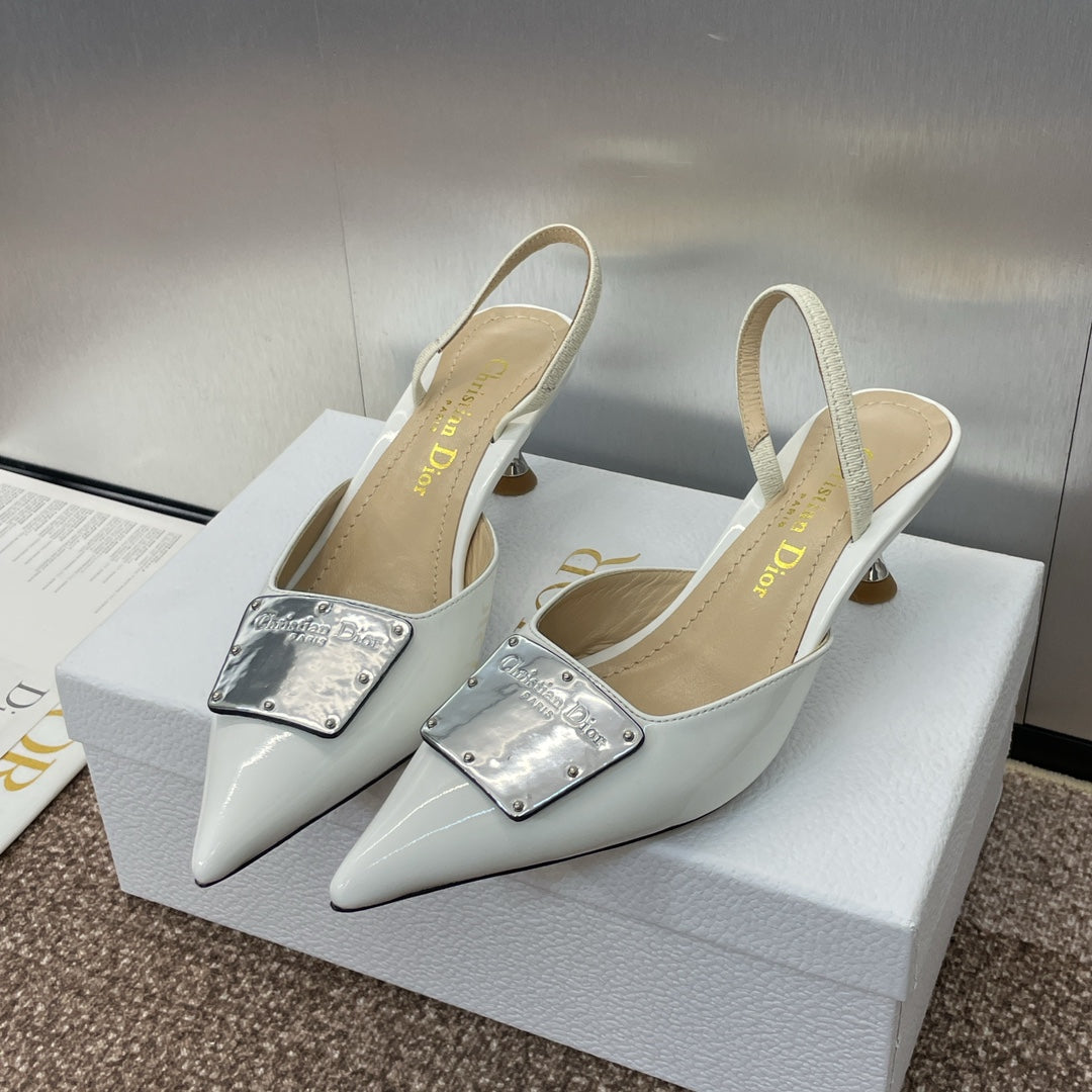 CD Slingback 65mm Glossy White Cowhide