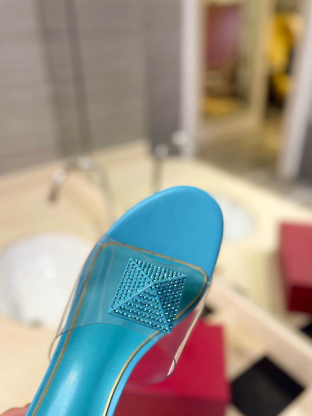 HIGH MULE 60MM IN AQUA BLUE SHEEPSKIN AND TRANSPARENT PVC