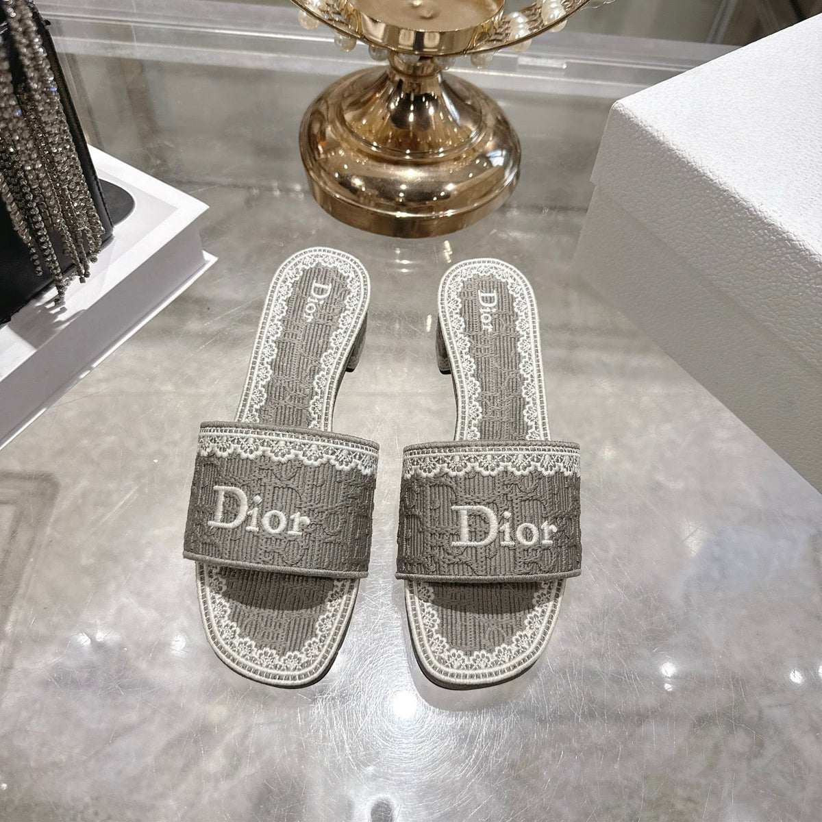 CD 26 Embroidered Sandals 45mm Gray White Canvas 592239