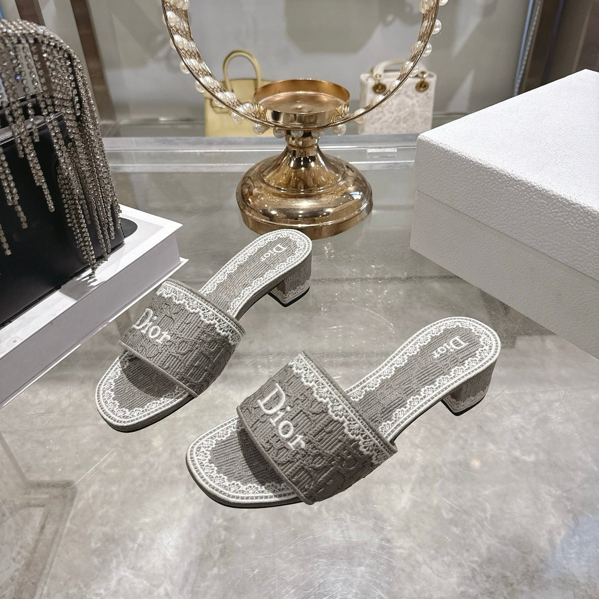 CD 26 Embroidered Sandals 45mm Gray White Canvas 592239