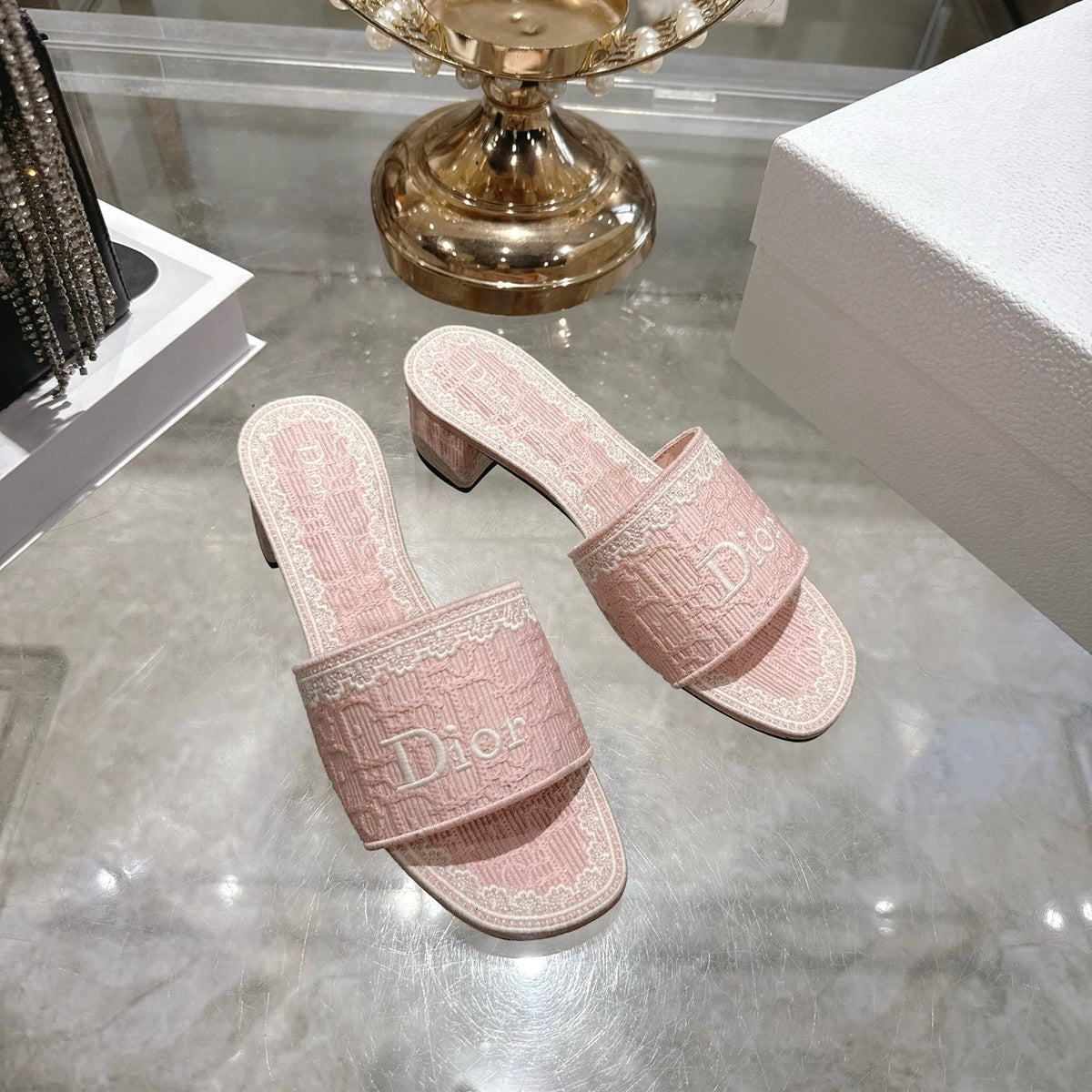 CD 26 Embroidered Sandals 45mm Pink White Canvas 592241