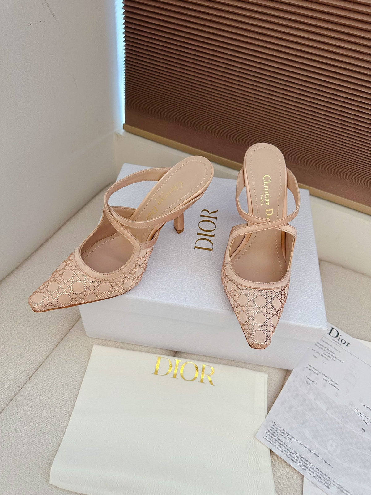 CD 26 High Heel Mule 95 Blush Pink Mesh Fabric Sheepskin 614896