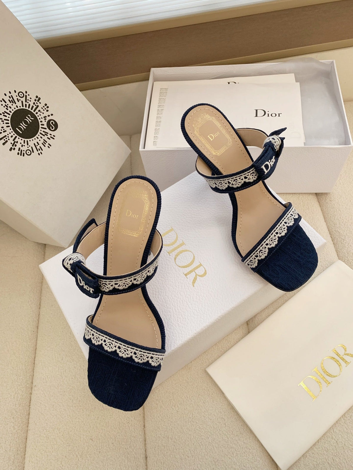 CD 26s High Heel Sandal 100 Navy Blue Canvas Sheepskin 664177