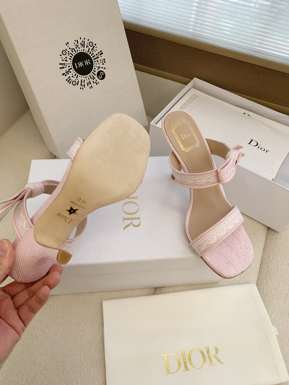 CD 26s High Heel Sandal 100 Pink Canvas Sheepskin 664178