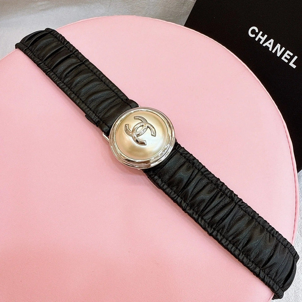 CC Elastic Waist Belt 3.0CM Black Calfskin Gold Buckle 196840