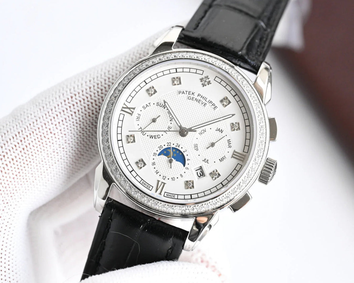 Patek Philippe Annual Calendar 42mm Diamond Benzel Black Leather Strap