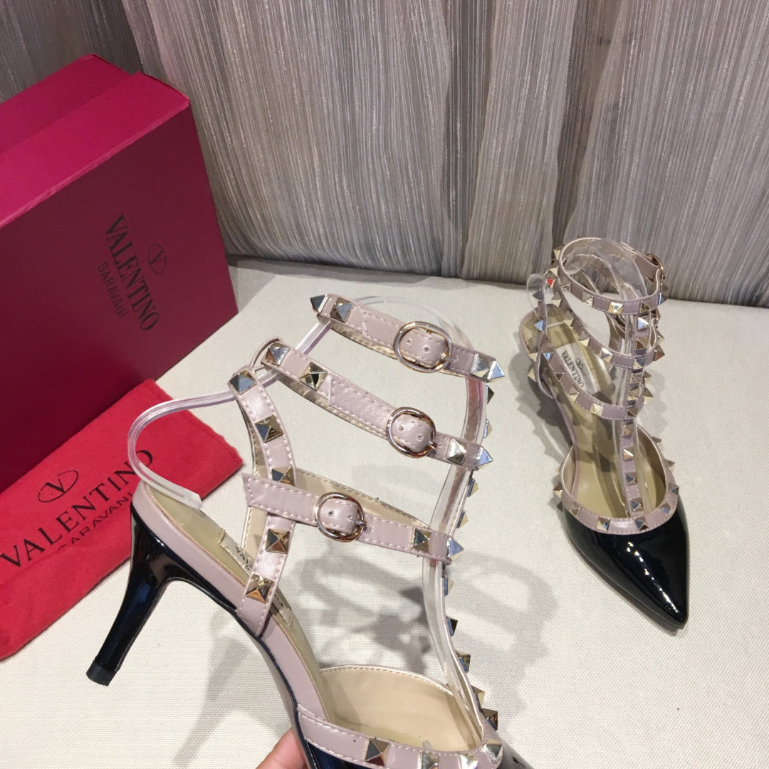 Valentino Rockstud Caged Pumps 65mm Black mix Nude Patent Leather 239637
