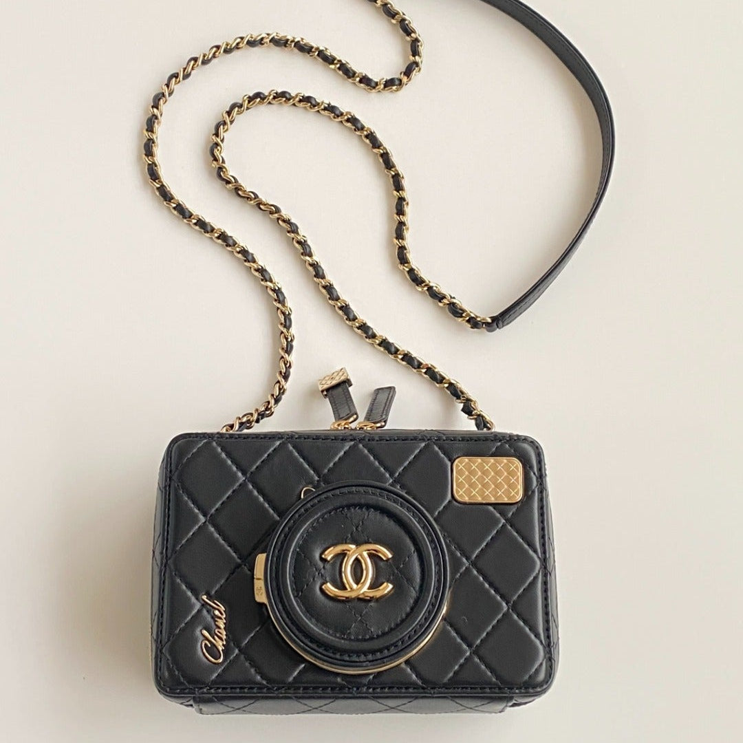 CC 2025 camera bag black lambskin gold hardware