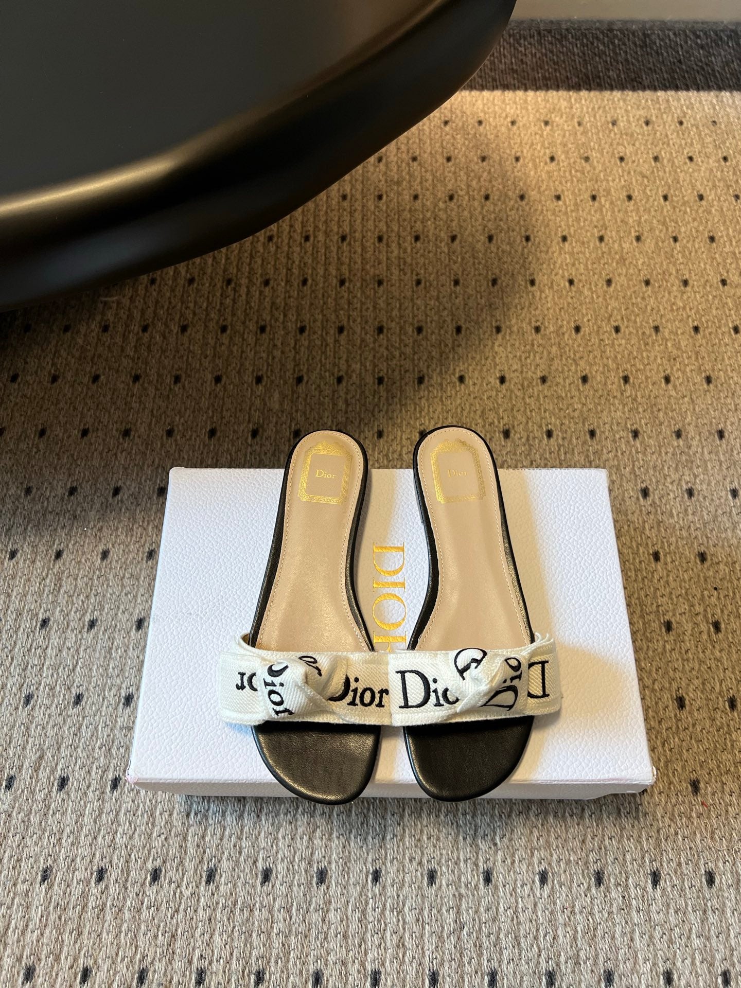 CD 26SS Letter Webbing Flat Sandals Black White in Fabric 789472