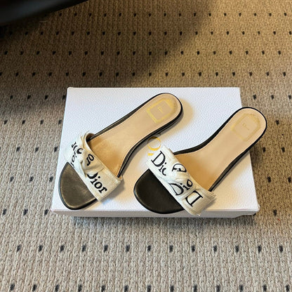 CD 26SS Letter Webbing Flat Sandals Black White in Fabric 789472