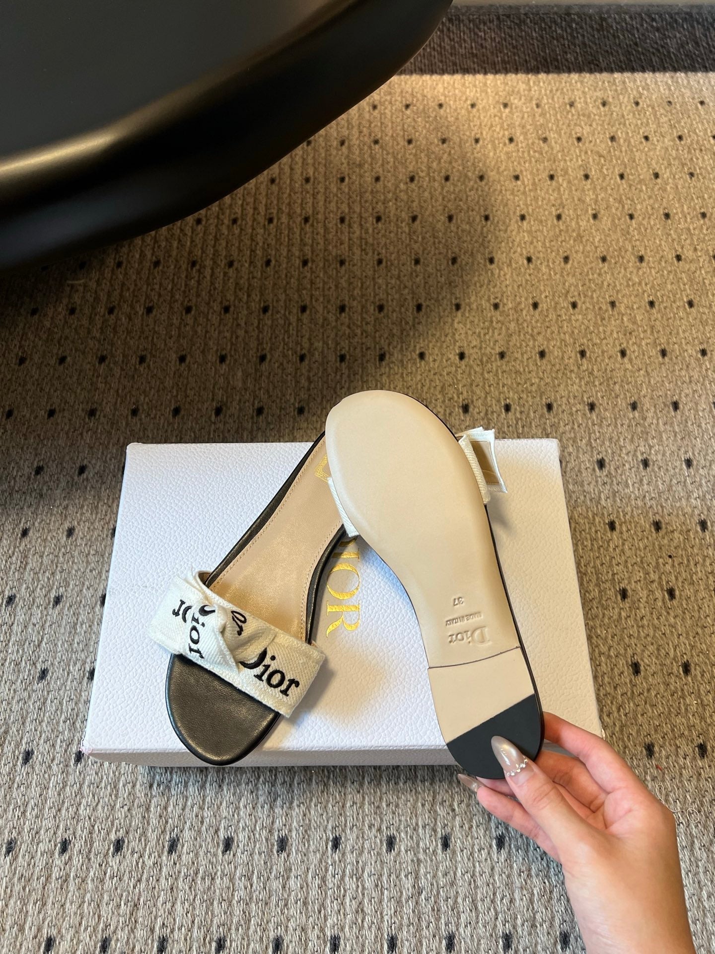 CD 26SS Letter Webbing Flat Sandals Black White in Fabric 789472