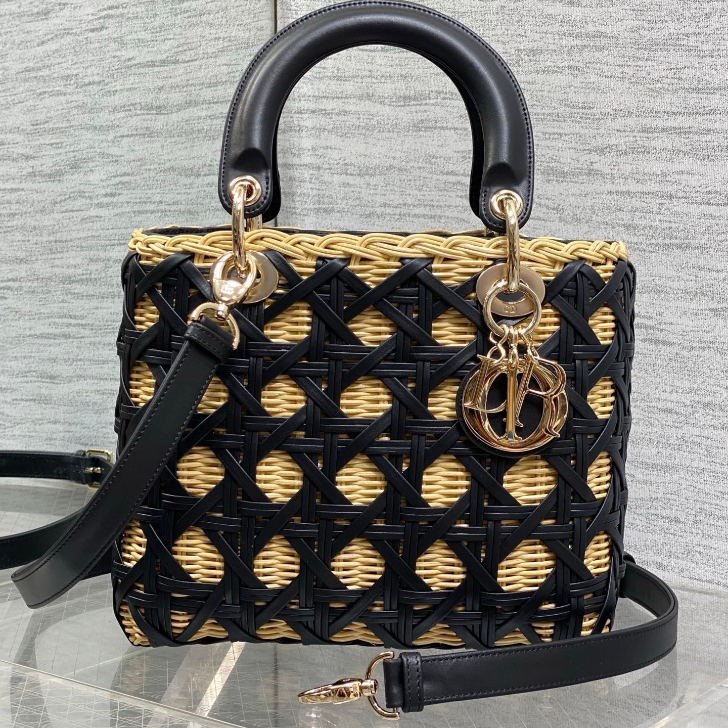 CD Lady Dior Bag 24cm Black in Rattan 155502