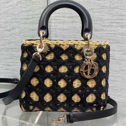 CD Lady Dior Bag 24cm Black in Rattan 155502