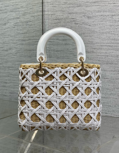 CD Lady Dior Bag 24cm White in Rattan 155504
