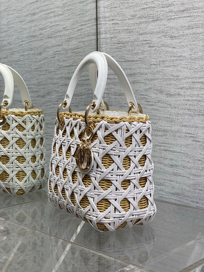 CD Lady Dior Bag 24cm White in Rattan 155504