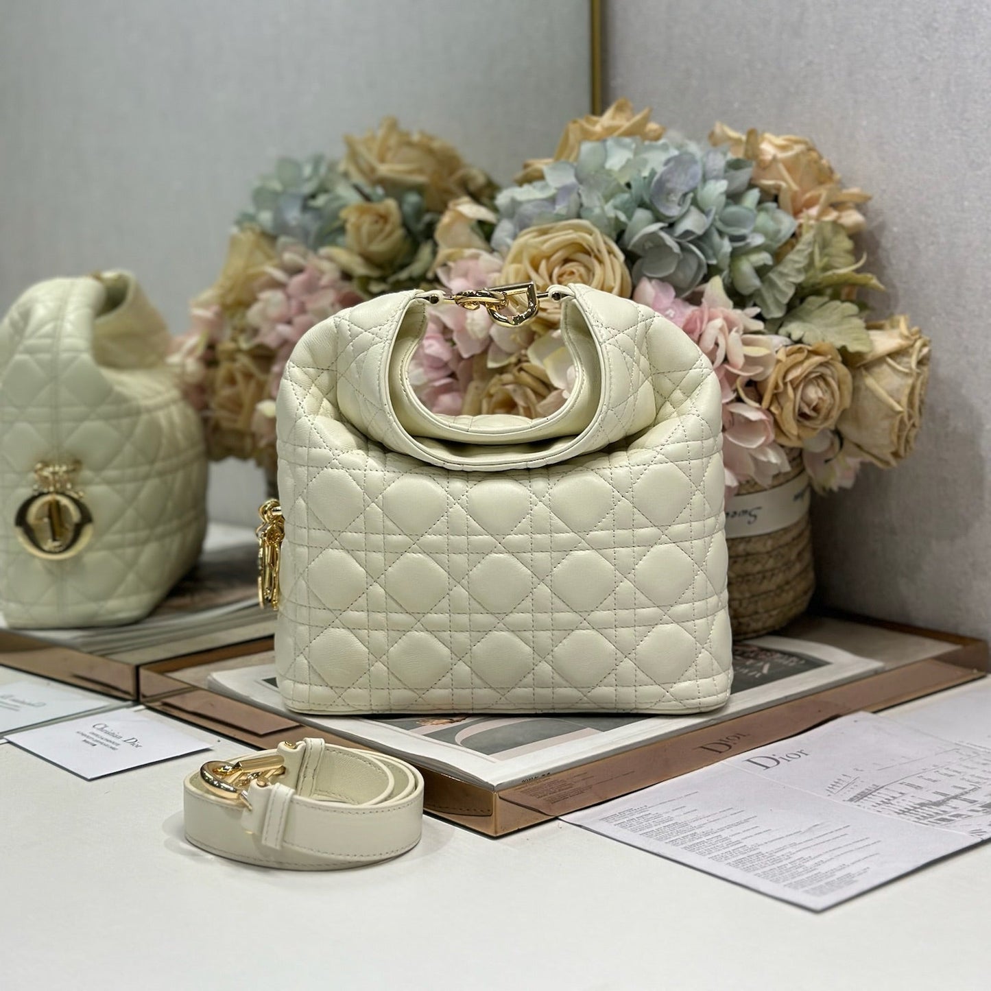 CD Lady Dior Shoulder Bag 27cm Milky White in Sheepskin 155549