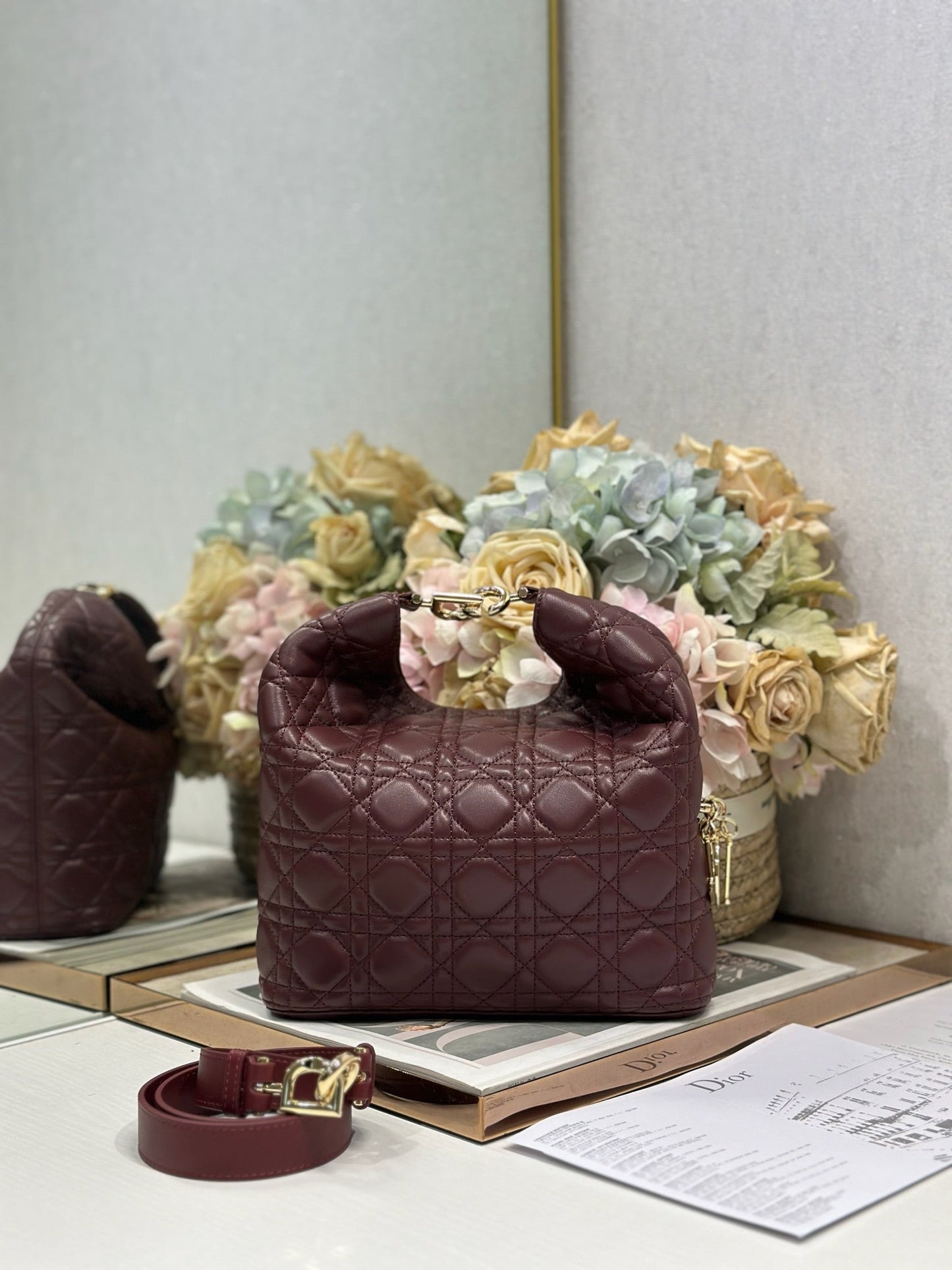 CD Lady Dior Shoulder Bag 27cm Burgundy in Sheepskin 155556