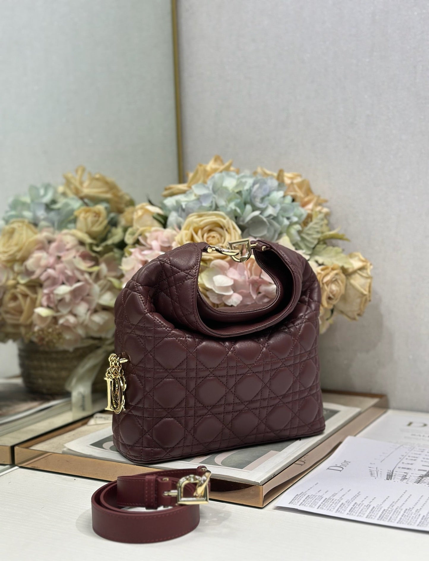 CD Lady Dior Shoulder Bag 27cm Burgundy in Sheepskin 155556