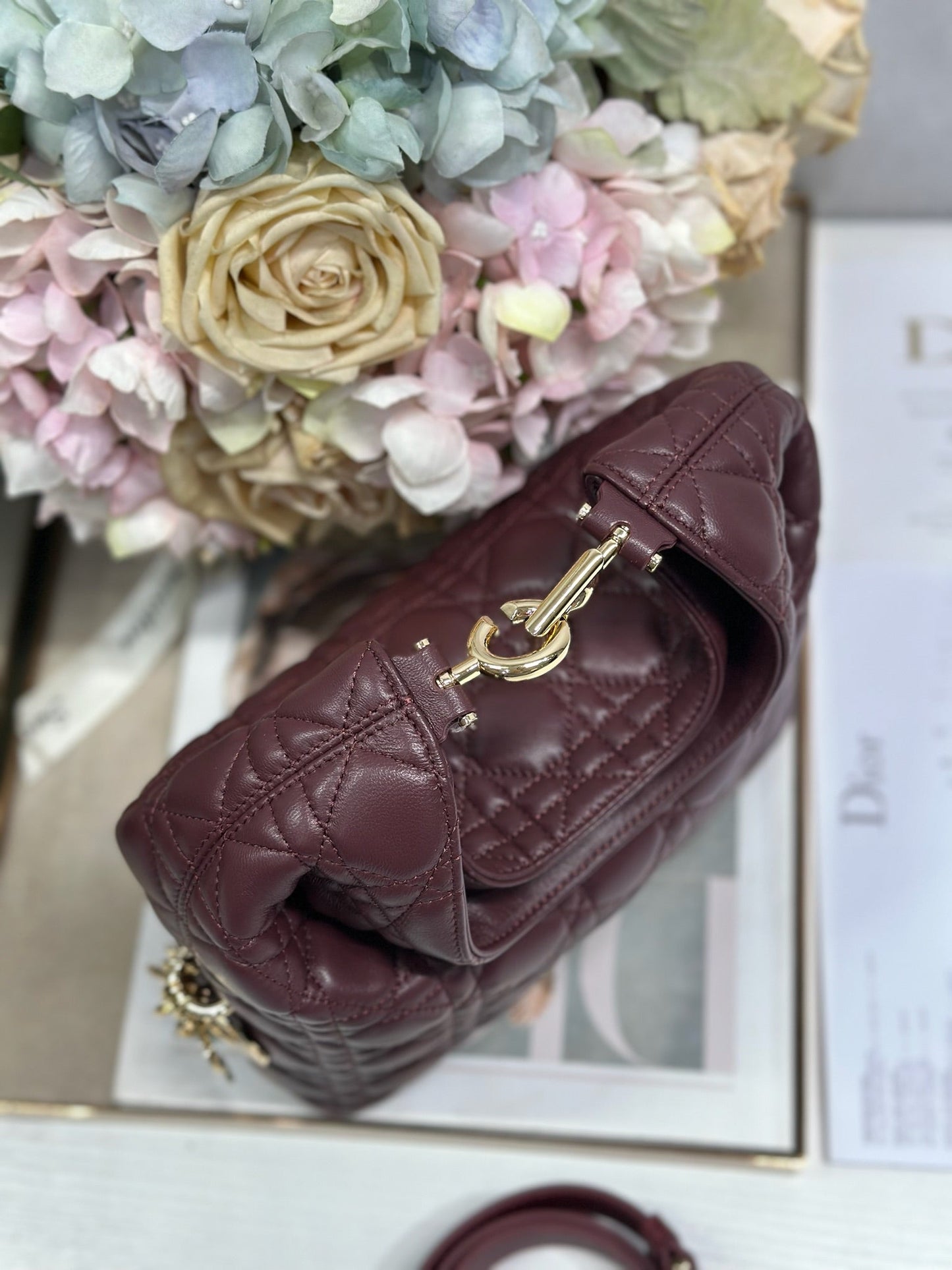 CD Lady Dior Shoulder Bag 27cm Burgundy in Sheepskin 155556