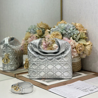 CD Lady Dior Shoulder Bag 27cm Silver Metallic in Sheepskin 155562