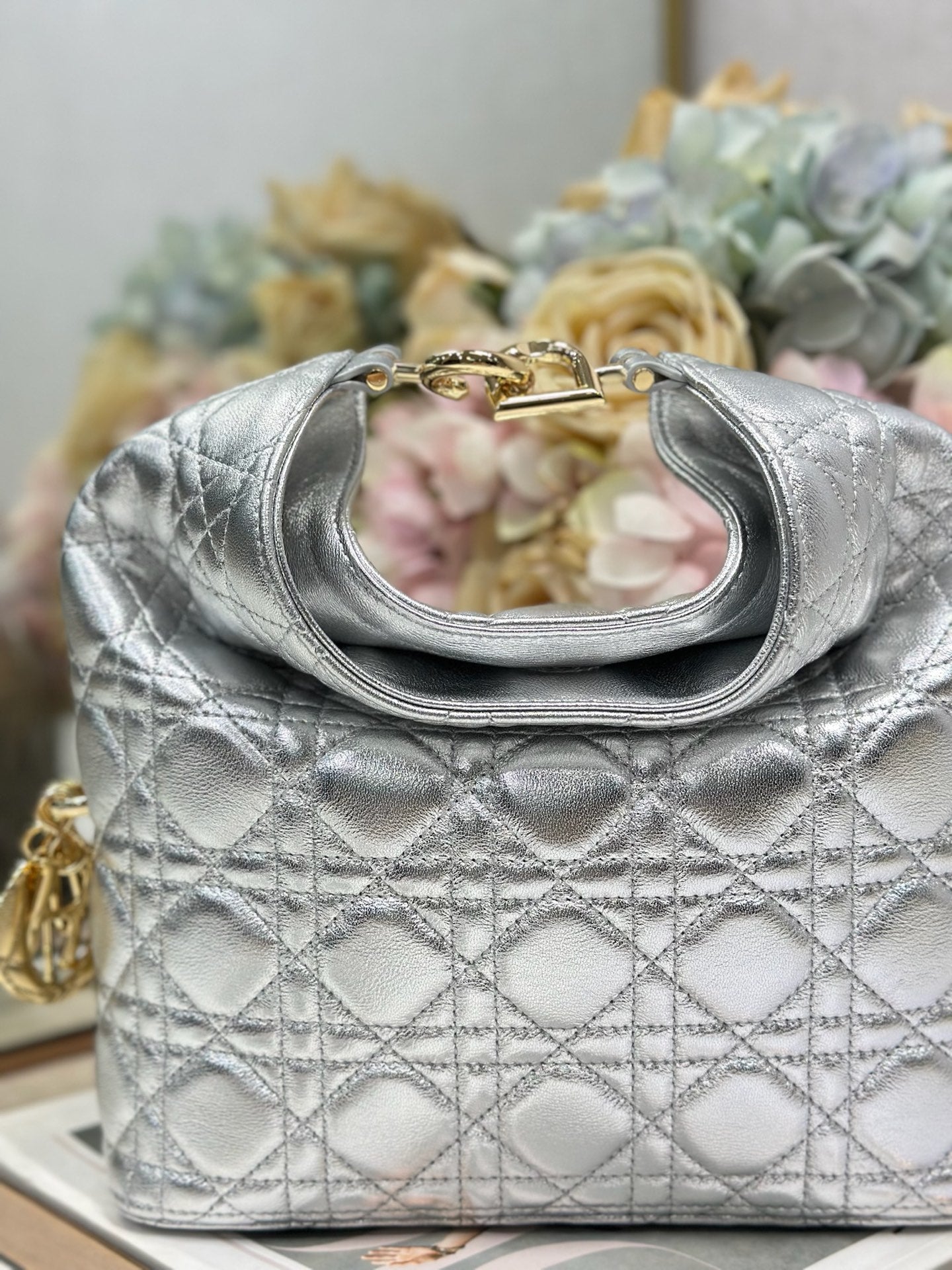 CD Lady Dior Shoulder Bag 27cm Silver Metallic in Sheepskin 155562