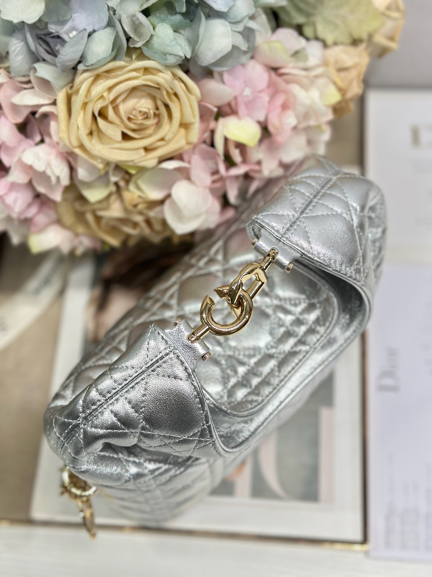 CD Lady Dior Shoulder Bag 27cm Silver Metallic in Sheepskin 155562