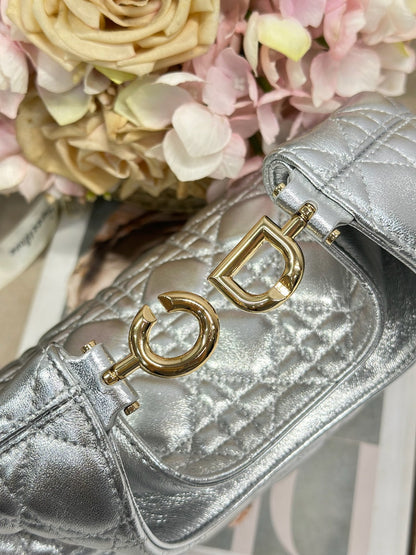 CD Lady Dior Shoulder Bag 27cm Silver Metallic in Sheepskin 155562