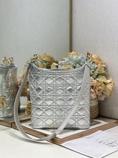 CD Lady Dior Shoulder Bag 27cm Silver Metallic in Sheepskin 155562