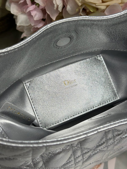 CD Lady Dior Shoulder Bag 27cm Silver Metallic in Sheepskin 155562