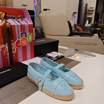 CC Espadrilles Blue Lambskin Leather Jute Sole 855749