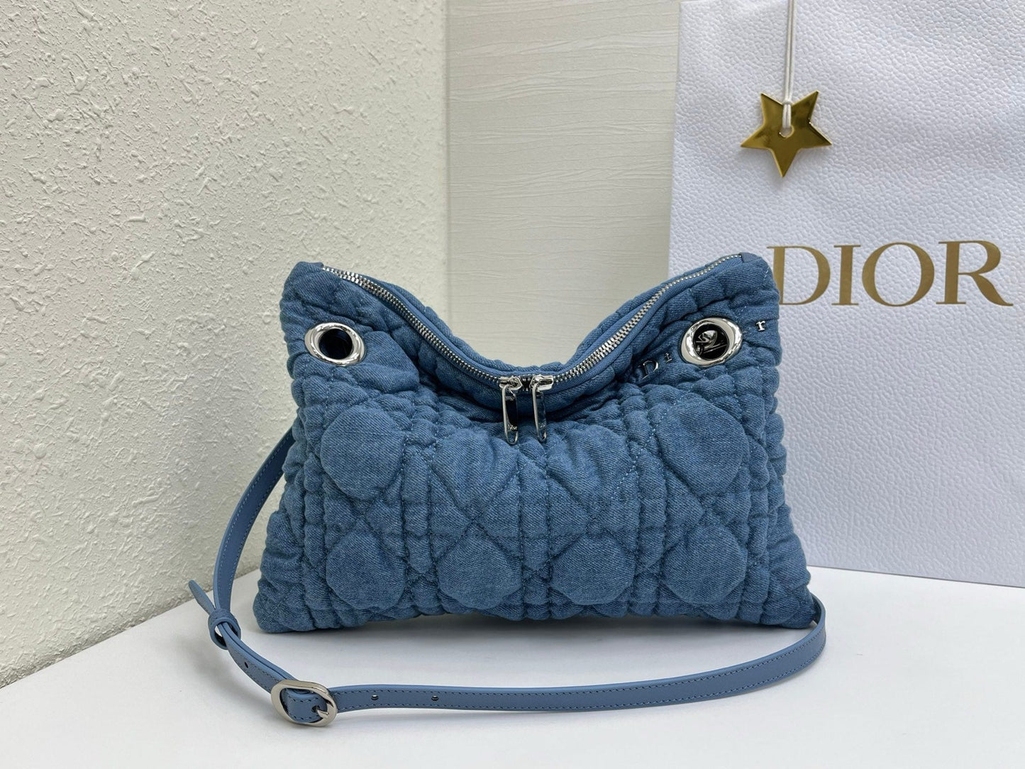 CD Small Cannage Quilted Tote Bag Blue Cowhide 158107