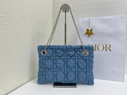 CD Small Cannage Quilted Tote Bag Blue Cowhide 158107
