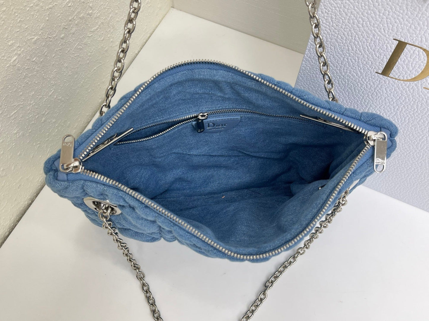 CD Small Cannage Quilted Tote Bag Blue Cowhide 158107
