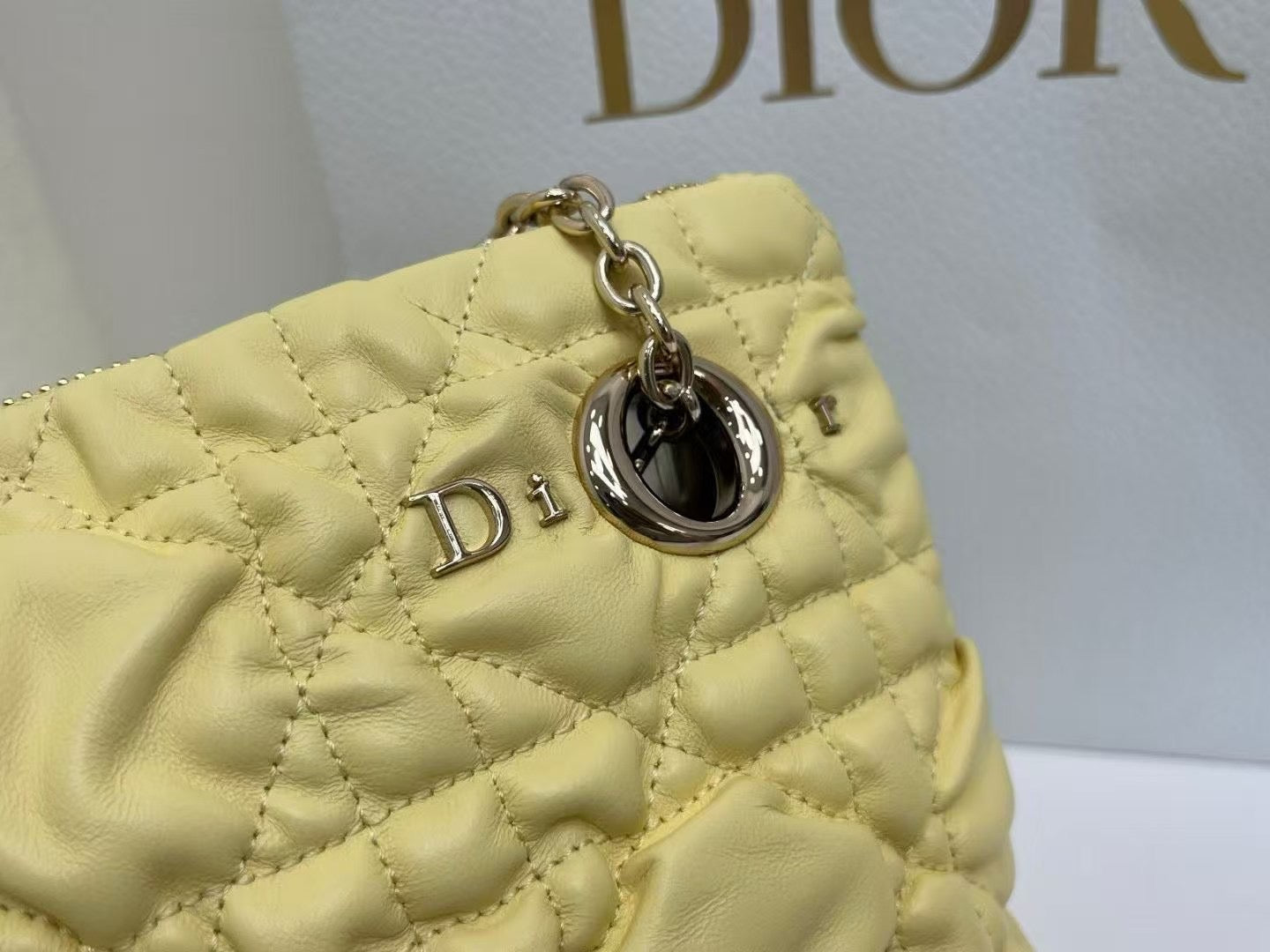 CD Small Cannage Quilted Tote Bag Yellow Cowhide 158106