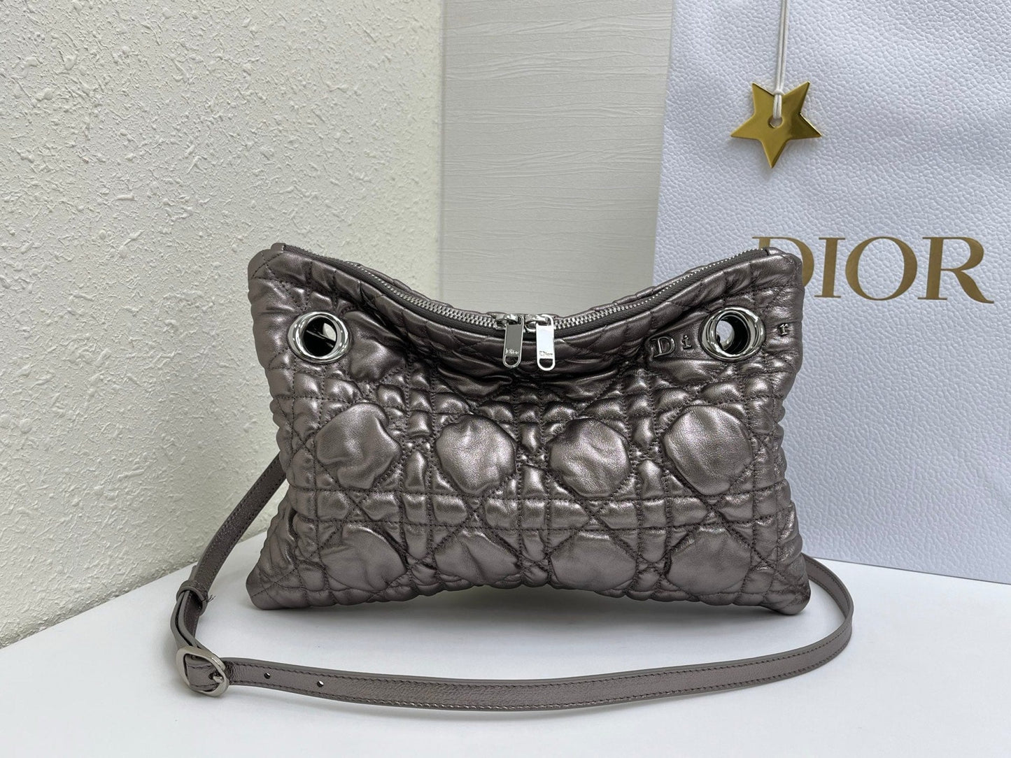 CD Small Cannage Quilted Tote Bag Silver Metallic Cowhide 158105