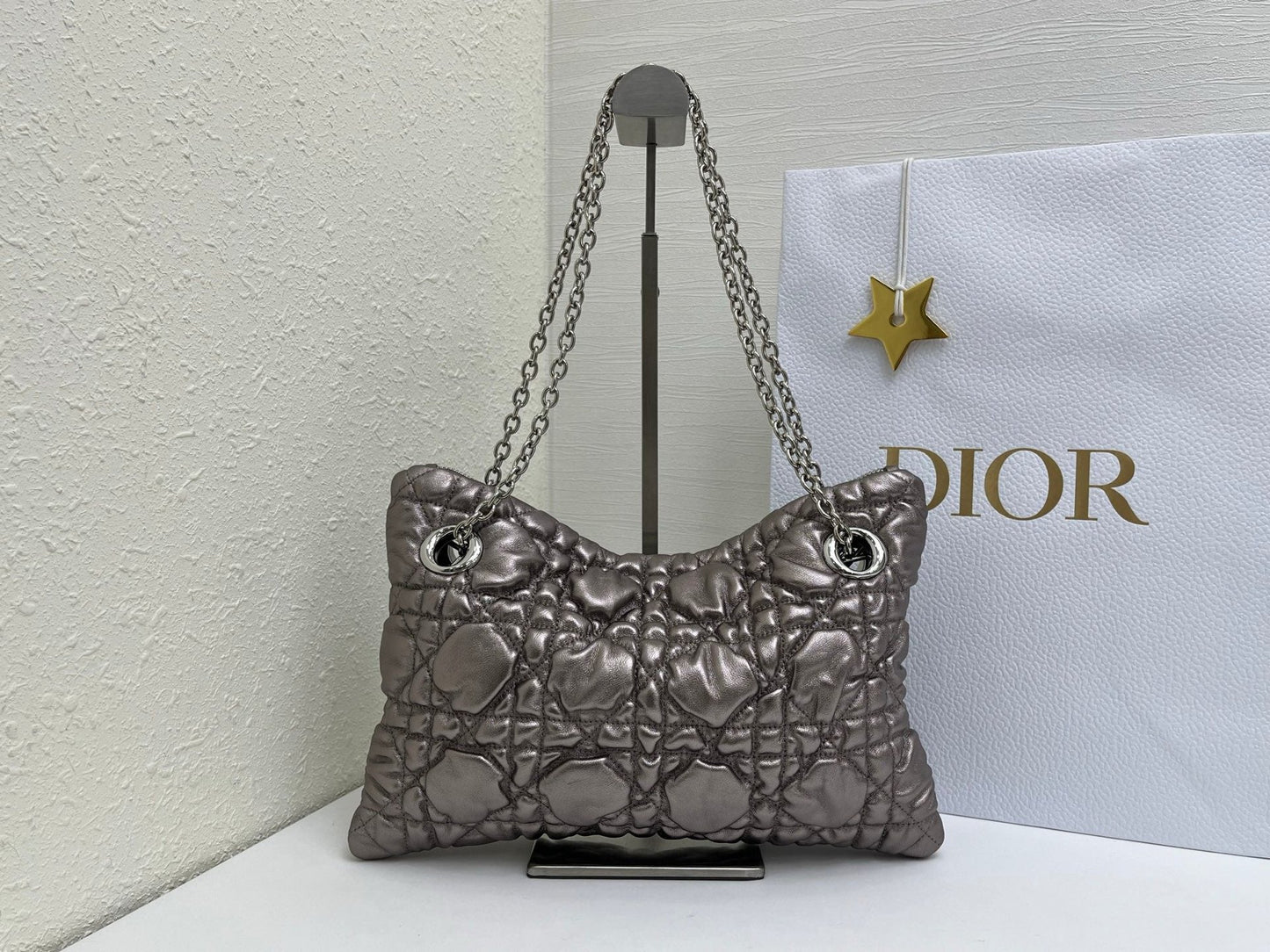 CD Small Cannage Quilted Tote Bag Silver Metallic Cowhide 158105